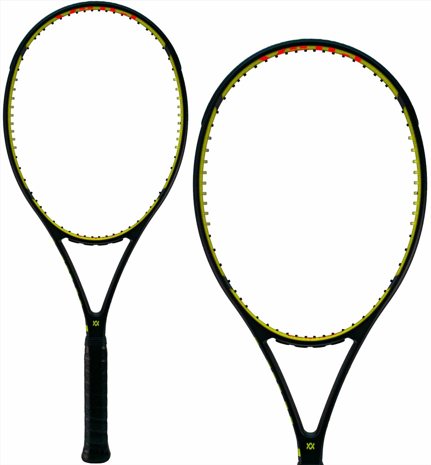 Two black Volkl V-Cell 10 tennis rackets, with vibrant yellow detailing, are pictured. The racket on the left is positioned with its handle pointing downwards, while the one on the right, made from advanced carbon material, is turned to showcase its head from a different angle.