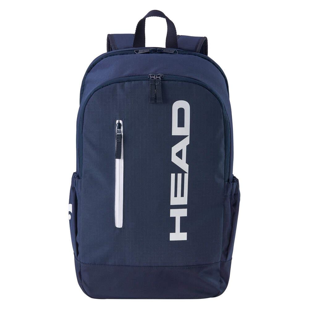 Experience the HEAD BASE Tennis Backpack 17L - Navy by HEAD, featuring a front zip pocket, vertical white zipper, side pockets, bold "HEAD" logo, and a racket compartment for convenience.
