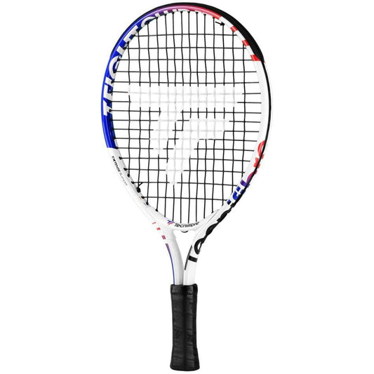 The Tecnifibre T-Fight Club 17 Junior Tennis Racket - White is a high-performance racket with a sleek frame featuring black, blue, and red accents. The grid-patterned strings prominently display the Tecnifibre brand logo, while its lightweight design and black grip tape provide optimal handling on the court.