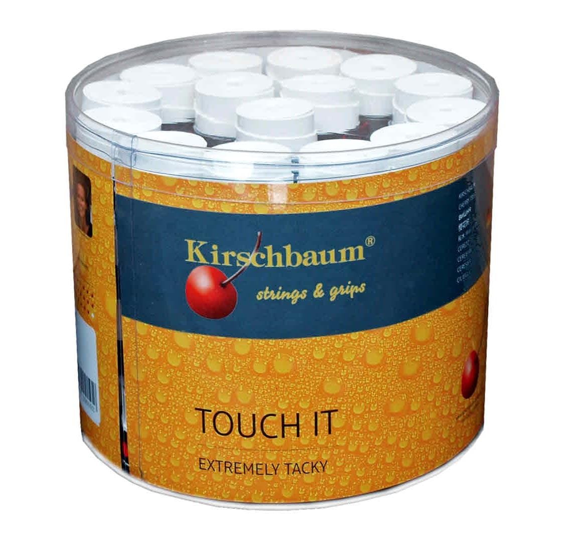 A cylindrical container of Kirschbaum Touch It Tennis Overgrip 60 Pack - White features a bright orange label with a water droplet design and red cherry logo, highlighting its absorption qualities. The label includes the phrases "strings & grips" and "EXTREMELY TACKY." Inside, you can see the durable individual overgrips.