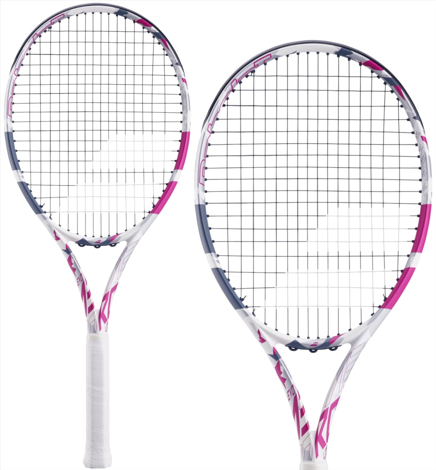 A close-up of the Babolat Evo Aero Lite Tennis Racket in pink showcases its remarkable spin potential, providing a combination of power and comfort for players looking to gain an advantage on the court.