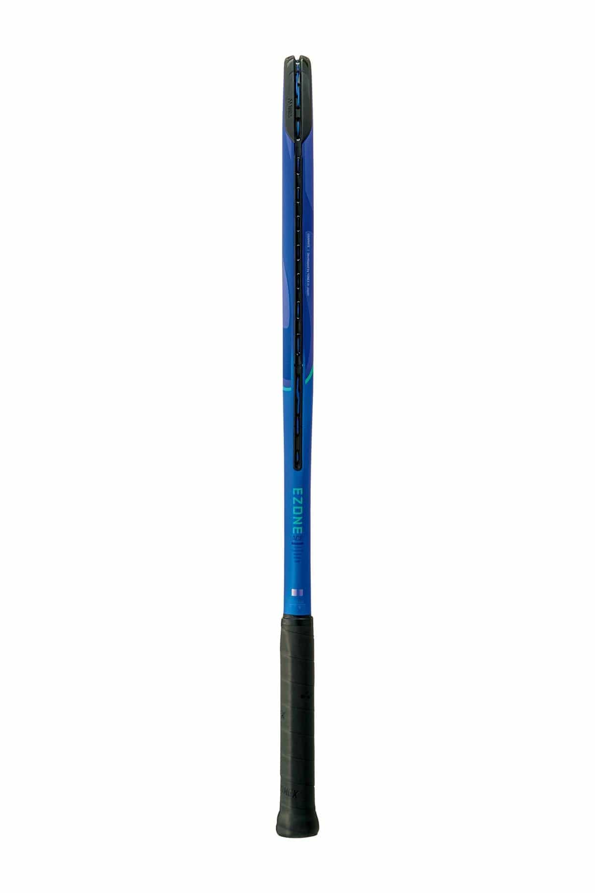 A Yonex EZONE Play 2025 Tennis Racket in Blast Blue stands vertically on a white background, showcasing its handle and part of the face, highlighting the advanced ISOMETRIC technology typical of the Yonex racket range.