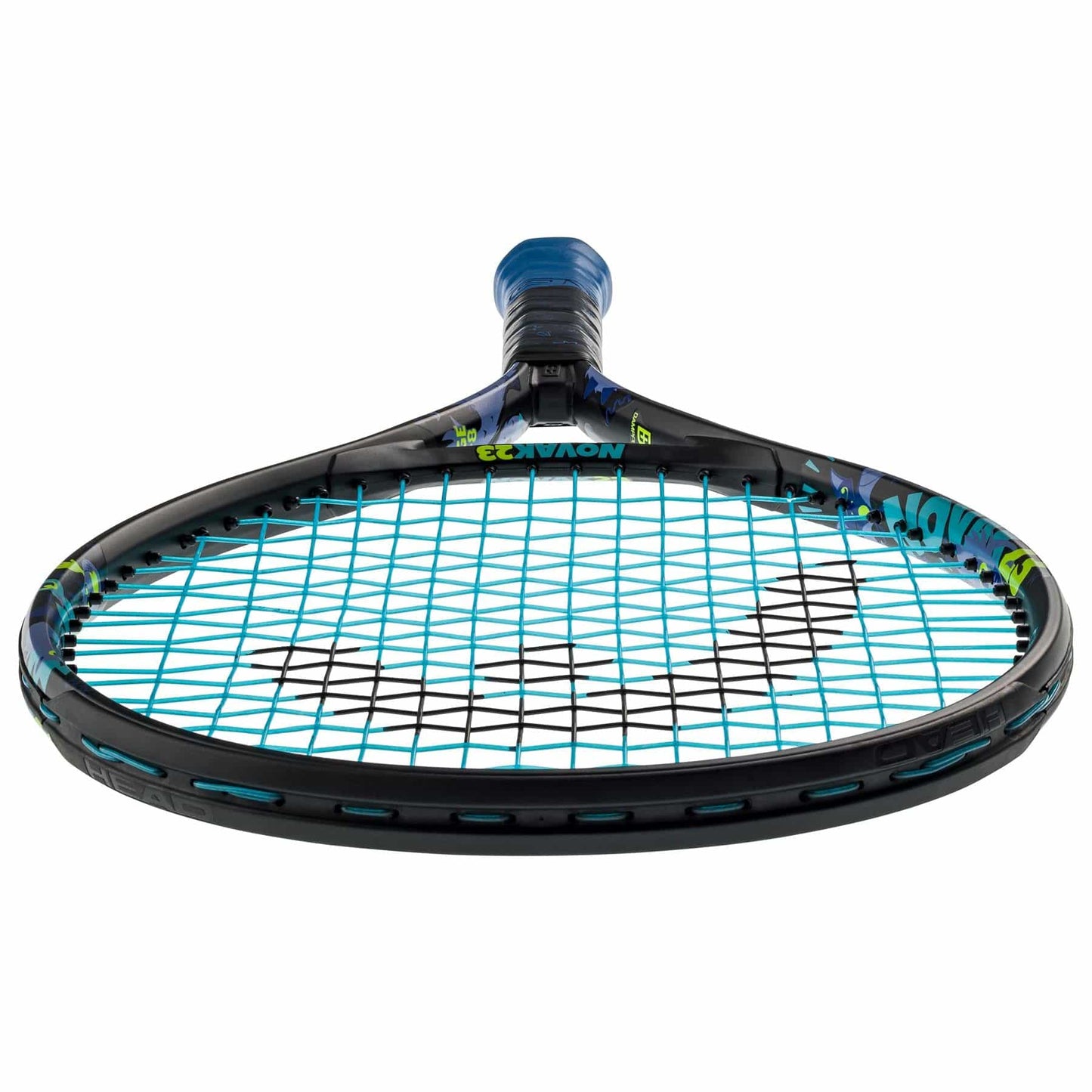 The HEAD Novak 23 Junior Tennis Racket - Black / Blue is depicted in a close-up view, highlighting its strings and head. This racket features a black and blue color palette with a textured grip handle designed for precision gameplay. The inclusion of the Damp+ insert enhances comfort, making it perfect for young players aspiring to emulate Novak Djokovic.