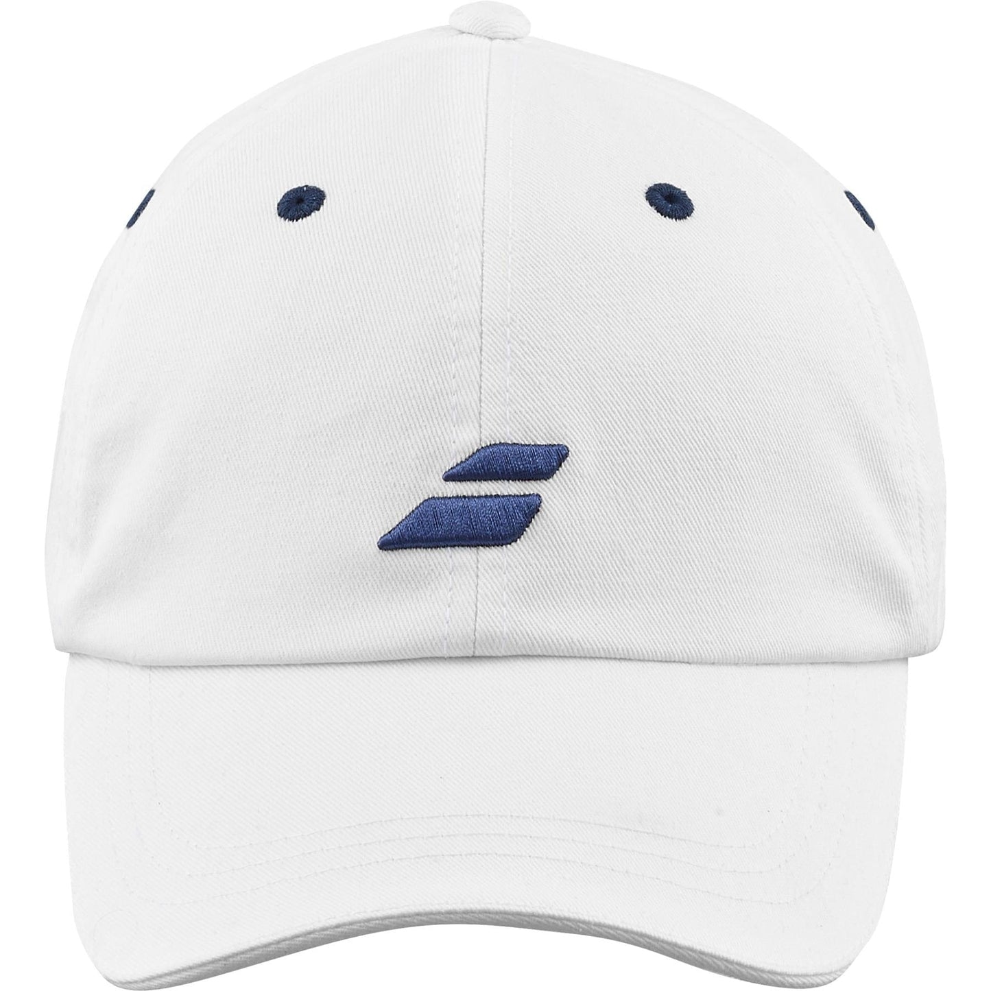 The Babolat Pure Drive Cotton Cap in White/Drive Blue features an embroidered logo of two diagonal navy lines on the front, is made from recycled cotton, has six panels, and includes navy blue eyelets for ventilation.