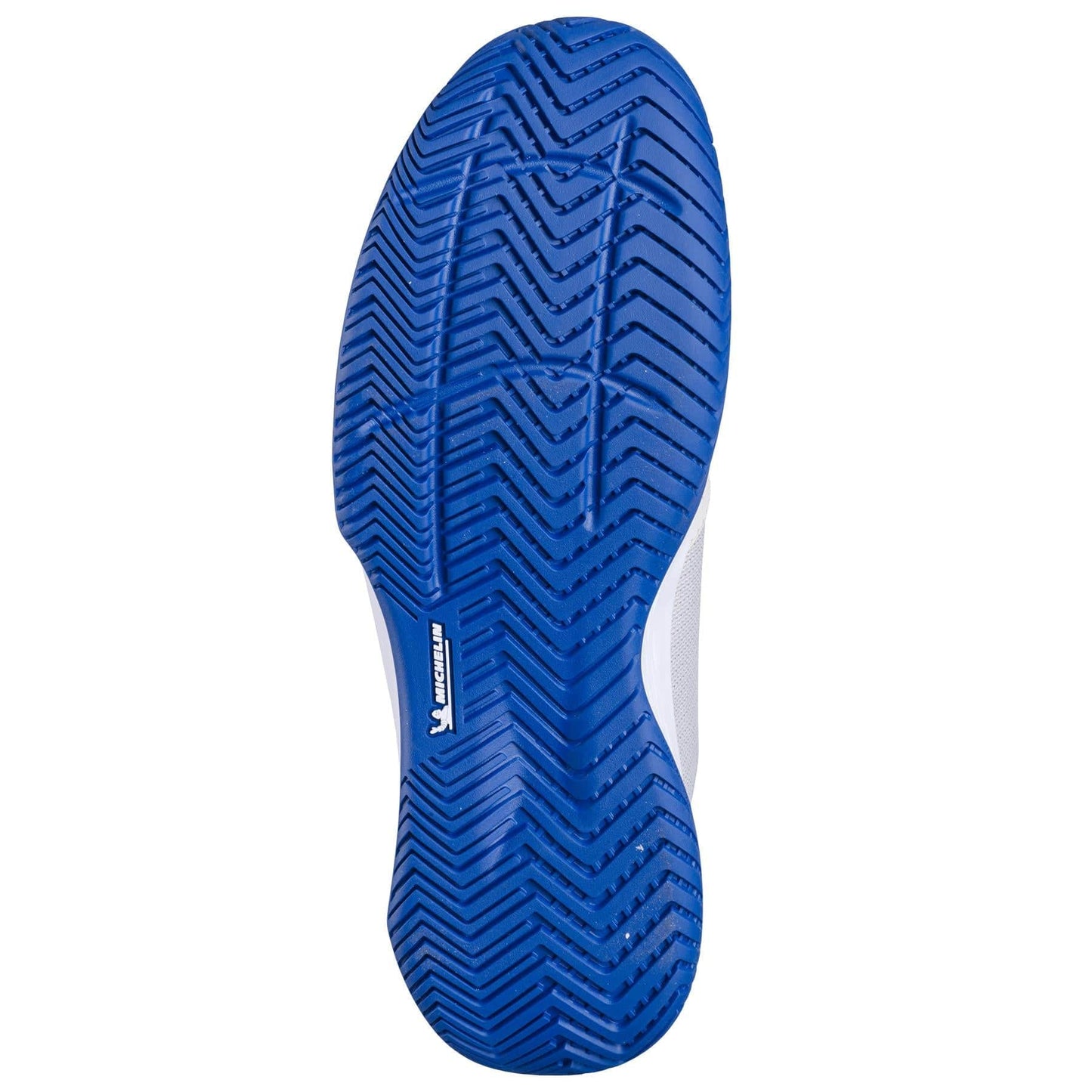 The image displays the sole of the Babolat SFX Evo 2024 All Court Men's Tennis Shoes in oatmeal, showcasing a patterned, zigzag blue tread. Near the center, there is a small Michelin logo, emphasizing its textured design for superior grip and flexibility.