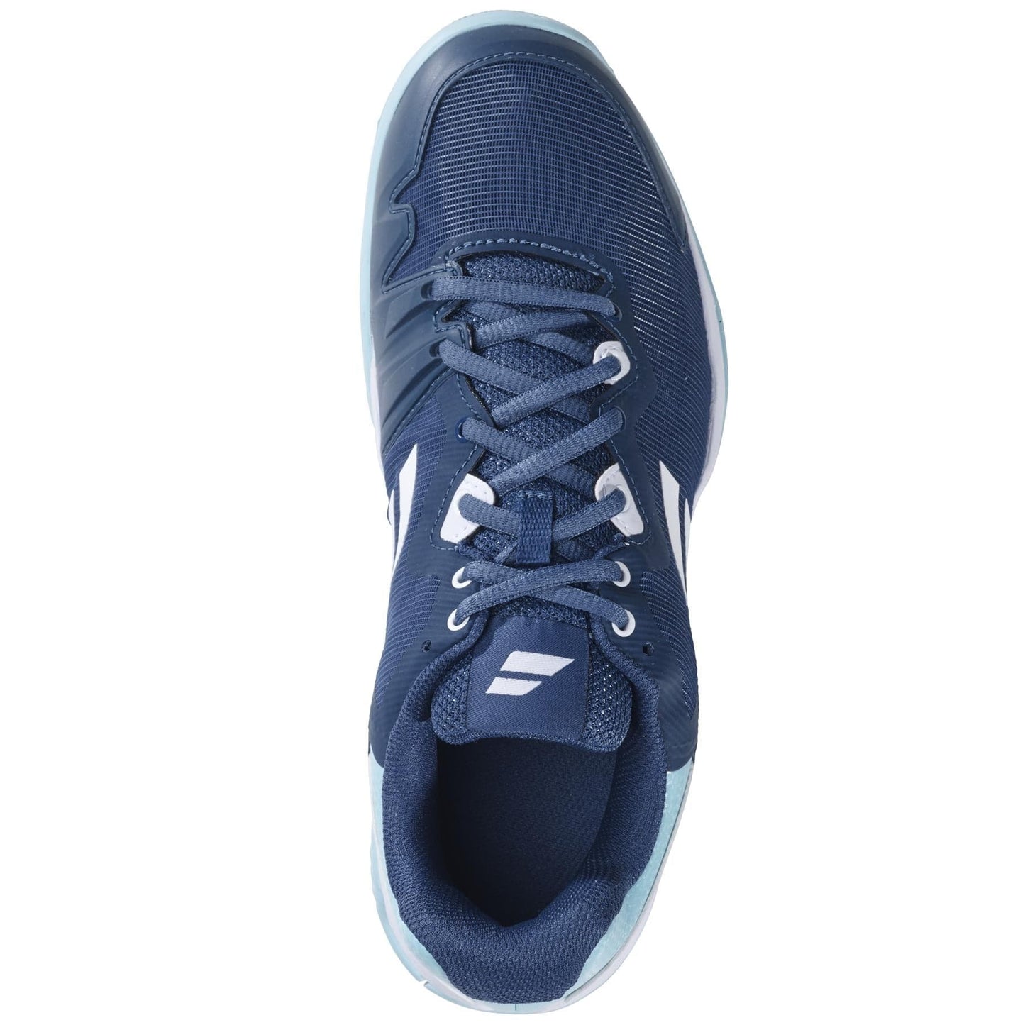 Top view of the Babolat SFX3 All Court Women's Tennis Shoe in Deep Dive / Blue, showcasing a textured upper with white accents and a light blue Michelin Premium Tennis Sole. The shoe is equipped with white laces and features a logo on the tongue.