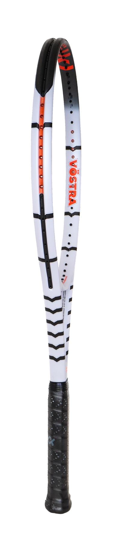 The Volkl Vostra V6 Tennis Racket - White features a high-performance frame with a stylish white, black, and orange design. It showcases the "Volkl" brand name in bold orange letters on the side and is crafted to deliver powerful swings using its catapult effect. The racket has a black textured grip for enhanced handling.