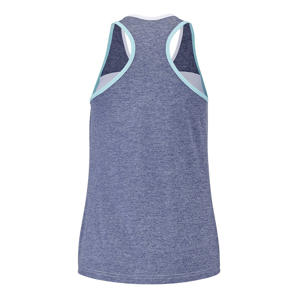 The Babolat Play Women's Tennis Tank Top in White and Blue Heather showcases a stylish heathered texture with light blue trim on the armholes and neckline, combined with a racerback design. It is crafted from Fiber Dry-polyester and offers a clean look against its plain white background.