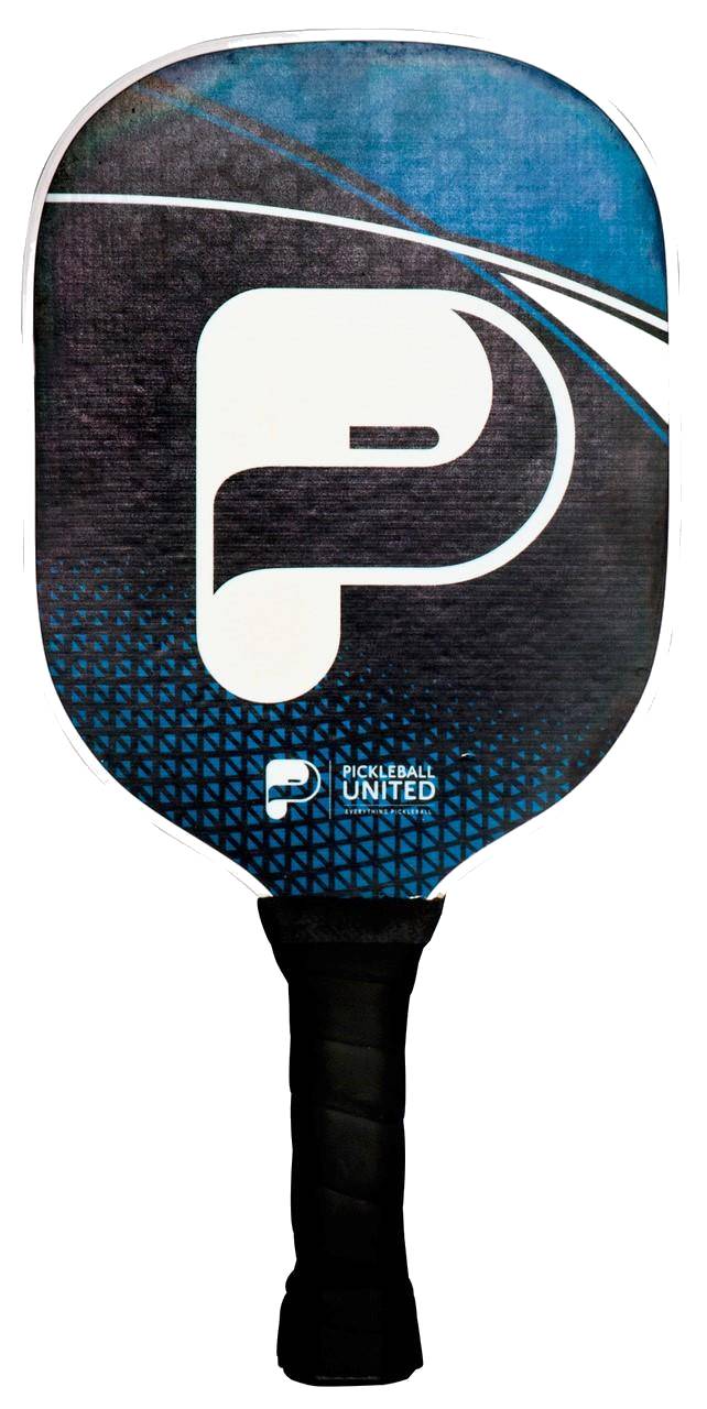 The Pickleball United Freedom Pickleball Paddle in black and blue features a bold "P" logo, geometric pattern, and "Pickleball United" near the base, with a fiberglass hitting surface and polypropylene honeycomb core above a black grip handle.