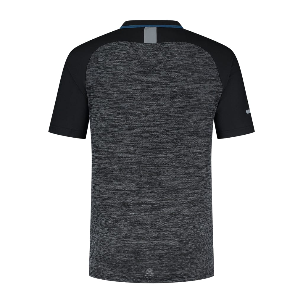 Back view of the K-Swiss Tac Hypercourt Double Crew 2 Tennis T-Shirt - Jet Black, showcasing its gray heathered body paired with black sleeves. The upper back features a reflective strip for enhanced visibility, ensuring comfort during intense Hypercourt matches.