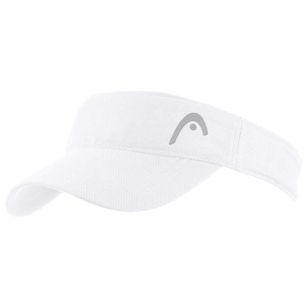 Introducing the HEAD Performance Tennis Visor - White: a textured sports accessory made of 100% quick-dry polyester. It features a curved logo on the front and an adjustable Velcro strap, showcased against a plain white background for classic appeal.