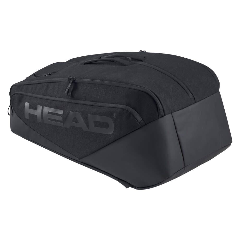 The HEAD Pro X 12 Racket Tennis Racket Bag XL in black, featuring multiple compartments and used by Novak Djokovic, is shown on a white background.