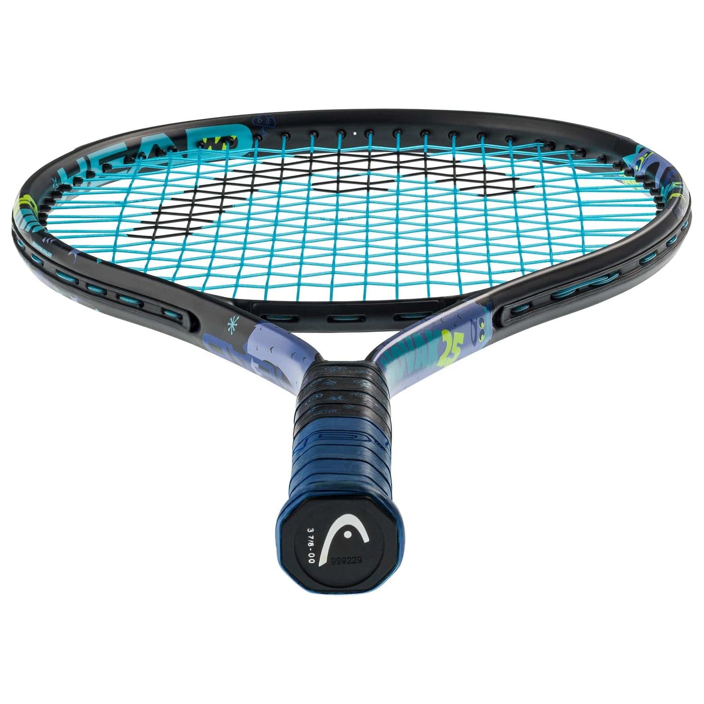 The HEAD Novak 25 Junior Tennis Racket features a stylish black and blue design. The combination of blue strings and multicolored accents on the frame make it visually striking. With a grip that includes a logo and number, as well as a Damp+ insert for enhanced playability, this racket reflects the equipment style of Novak Djokovic.