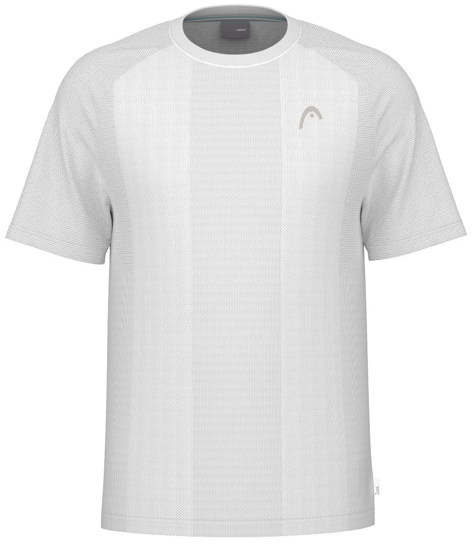 The HEAD Performance Men's Tennis T-Shirt - White features a subtle textured design with a small logo on the left chest, moisture-transfer microfiber technology, and a crew neck. Ideal for sports or casual wear.