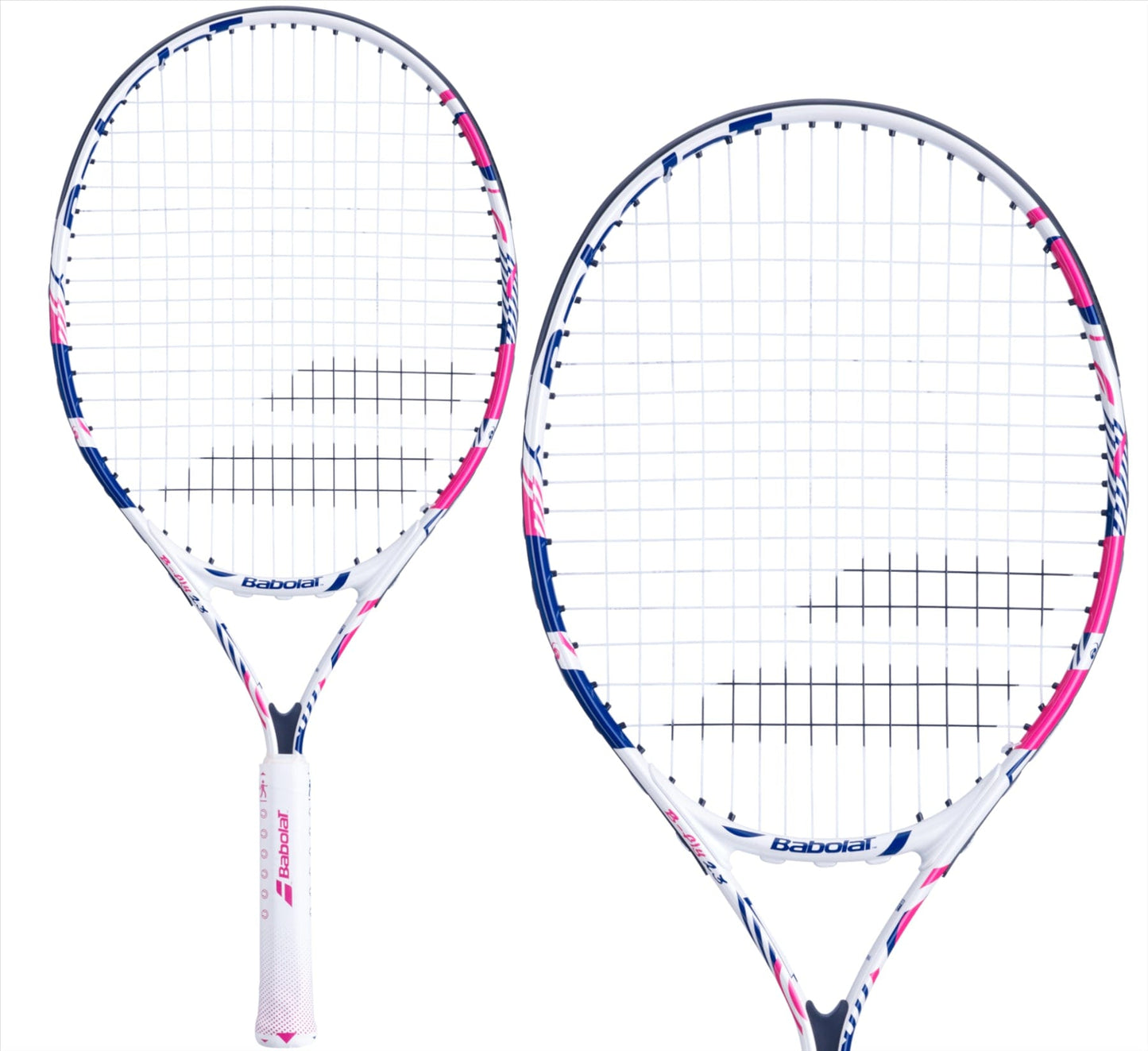 Two Babolat B-Fly 23 Junior Tennis Rackets showcase a white frame with pink accents, ideal for beginner players. Positioned side by side against a plain white background, the strings and grips are clearly visible, with one racket slightly ahead of the other.
