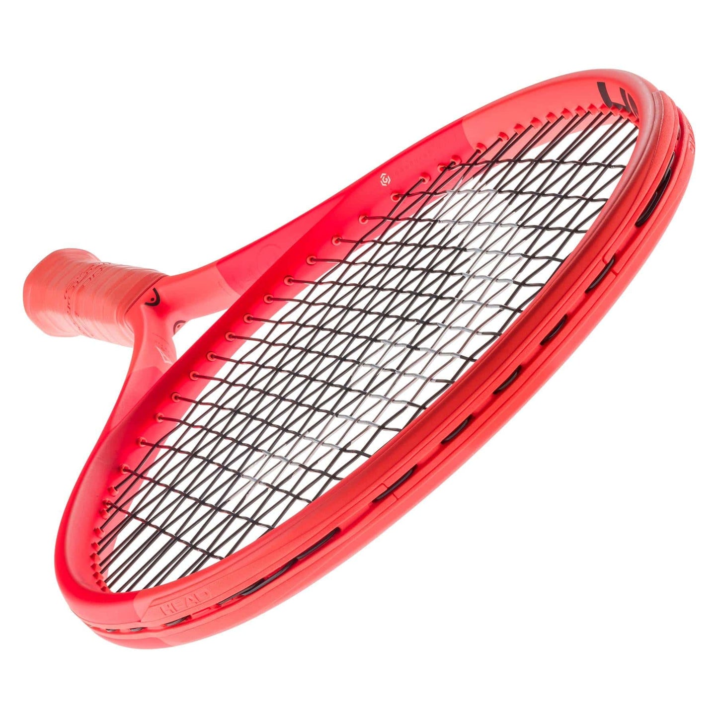 An orange HEAD Radical MP 2025 Tennis Racket featuring black strings is angled diagonally on a white background. Its handle offers a textured grip, and the sleek frame, enhanced by Auxetic 2.0 technology, provides excellent all-court performance.