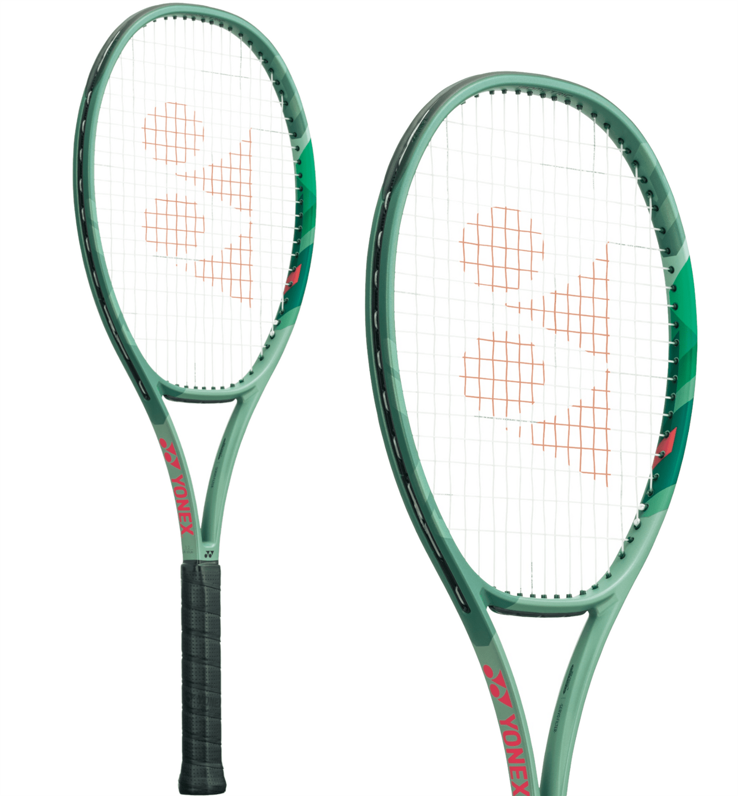Two Yonex Percept 97 tennis rackets in olive green, featuring black grips for advanced players. They have a white string pattern with the Yonex logo in orange on the strings and "Yonex" etched on the side.