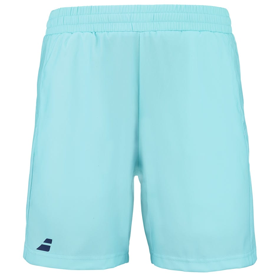 The Babolat Play Men's Tennis Shorts in Angel Blue feature an elastic waistband for 360 MOTION freedom, a small navy logo on the lower left leg, and FIBERDRY technology to ensure comfort and dryness.