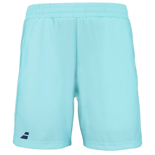 The Babolat Play Men's Tennis Shorts in Angel Blue feature an elastic waistband for 360 MOTION freedom, a small navy logo on the lower left leg, and FIBERDRY technology to ensure comfort and dryness.