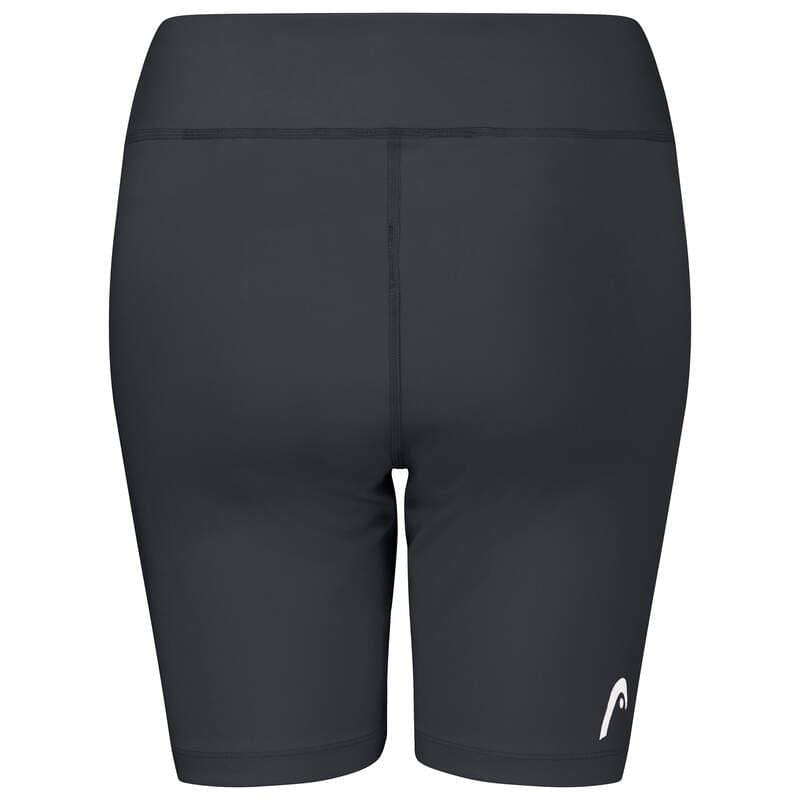The HEAD Vision Women's Short Tights - Black are sleek black athletic shorts showcasing a small white logo on the lower left leg. They are engineered for comfortable performance with Moisture Transfer Microfiber technology and are presented from the back to emphasize their fitted design and waistband.