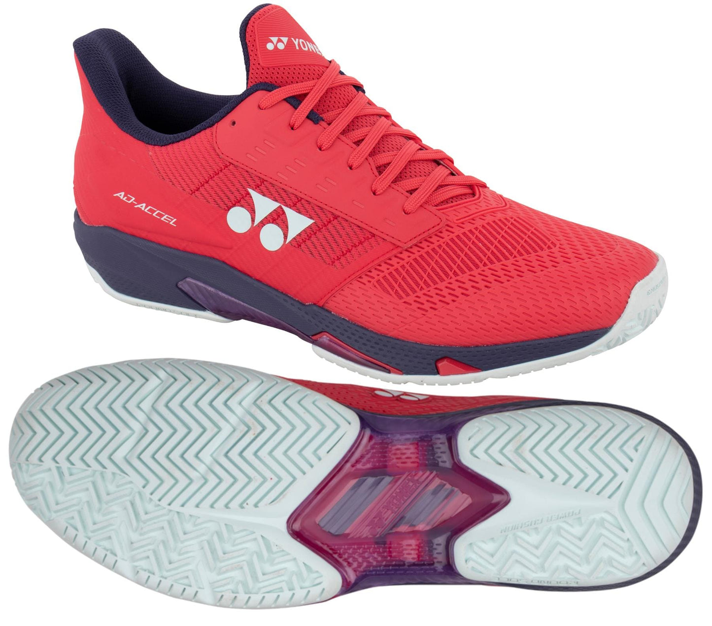 The Yonex Power Cushion Ad-Accel Men's Tennis Shoes in Sunset Red feature a mesh upper, branded Yonex logo, and a white outsole with a herringbone tread pattern. Displaying the Accel-Booster technology, the shoe is shown from side and sole views, emphasizing its innovative design and structure.