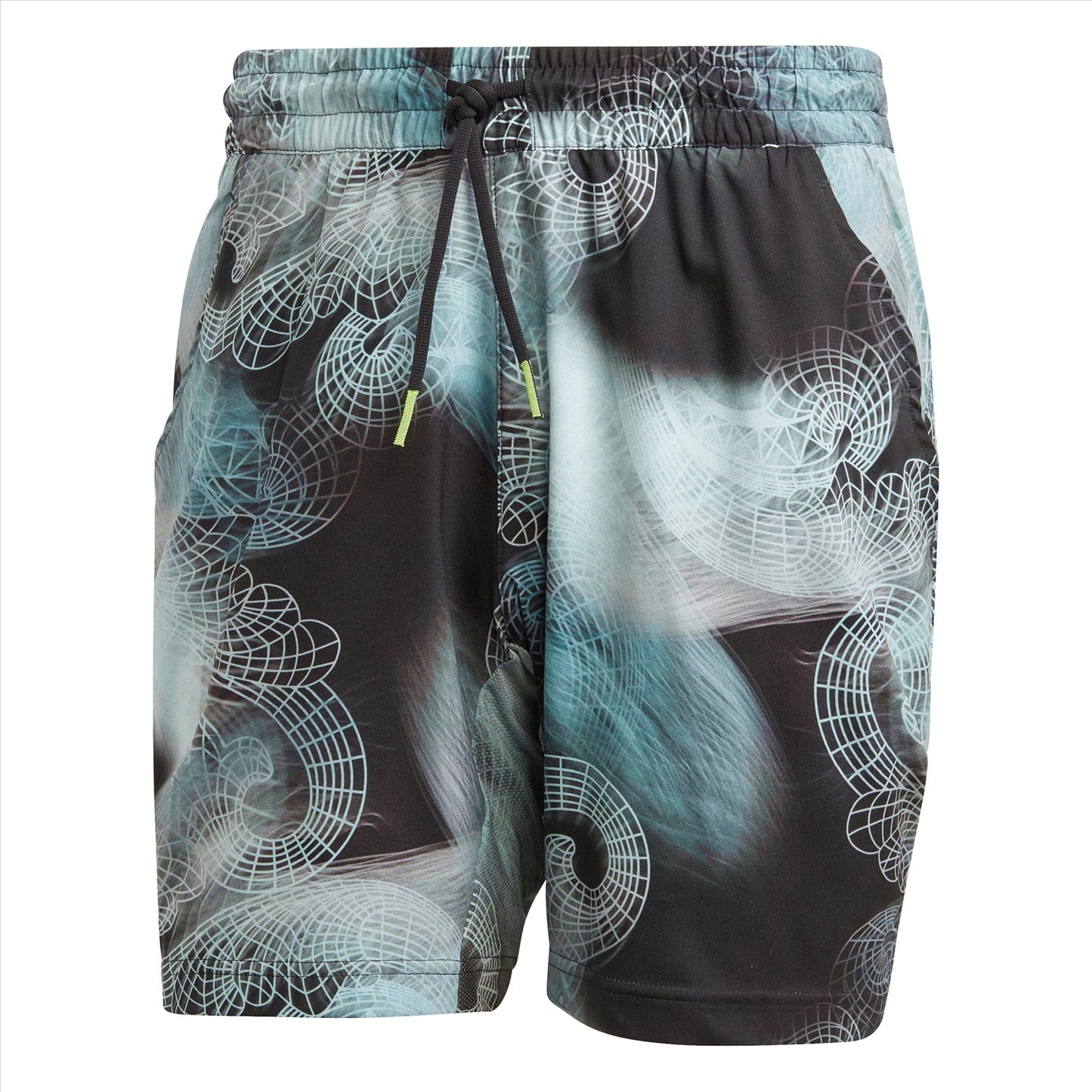 Explore the adidas Men's Printed Aeroready Ergo Pro Tennis Shorts in Black, expertly crafted from recycled materials and showcasing an abstract pattern with spiral and grid-like designs in shades of black, blue, and grey. These shorts feature an elastic waistband with a drawstring for a perfect fit.