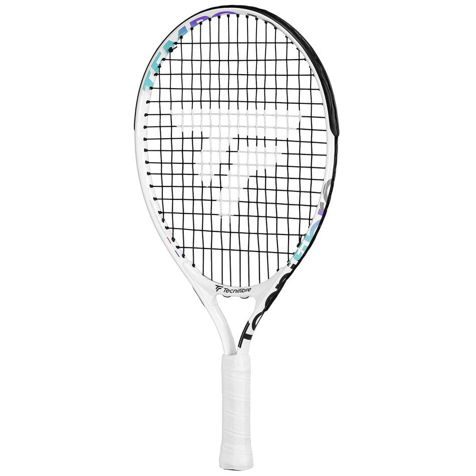 The Tecnifibre Tempo 19 Junior Tennis Racket in white showcases a black grip and strings, with the brand logo prominently featured on the strings. Its lightweight aluminum construction offers excellent maneuverability on the court.