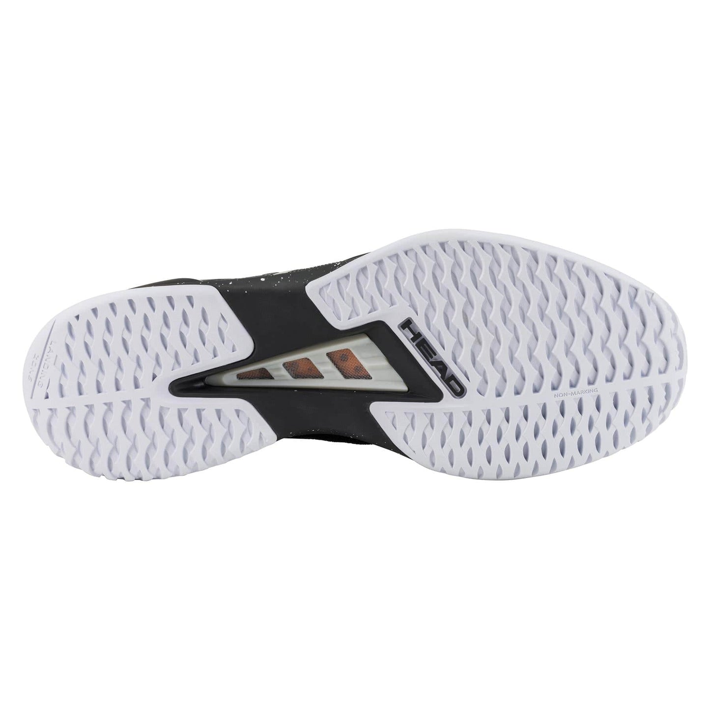 The image features the sole of the HEAD Sprint Pro 4.0 SF Men's Tennis Shoes, made with SuperFabric material. It has a textured white surface with a unique cutout, revealing an intriguing design beneath.