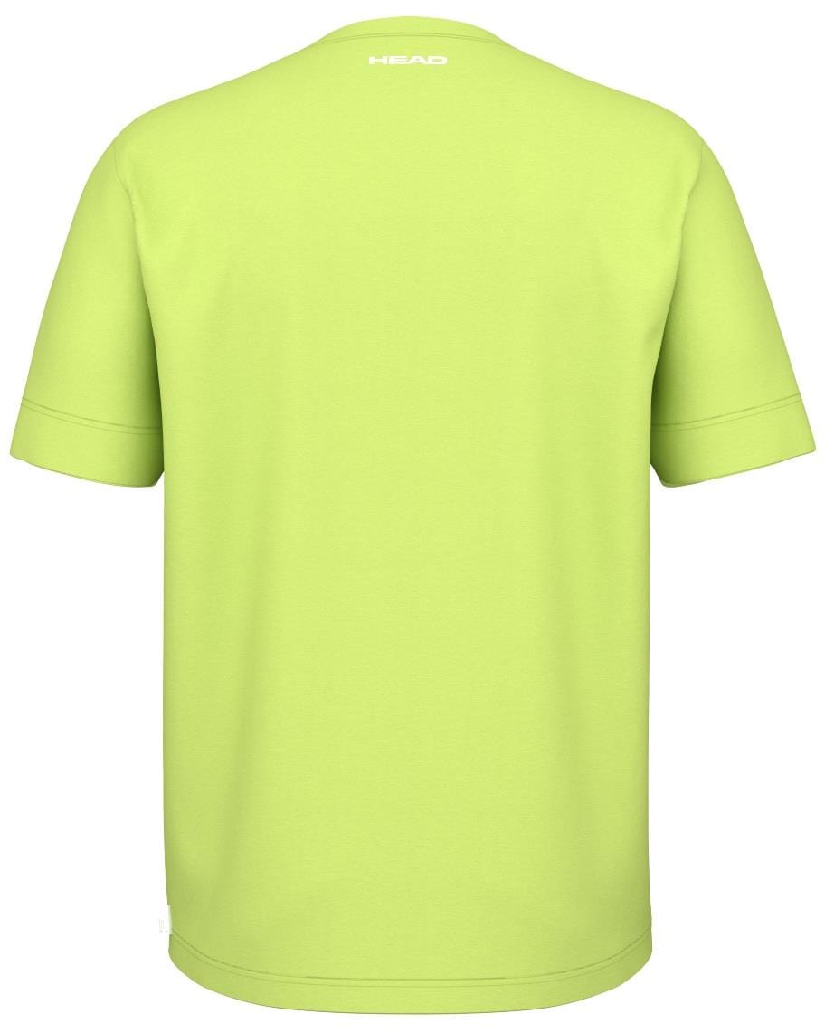 The HEAD Slice II Mens Tennis T-Shirt in lime green is showcased from the back, highlighting its short sleeves and "HEAD" printed in white near the neckline. Made from 100% polyester interlock fabric, it features Moisture Transfer Microfiber for enhanced comfort.