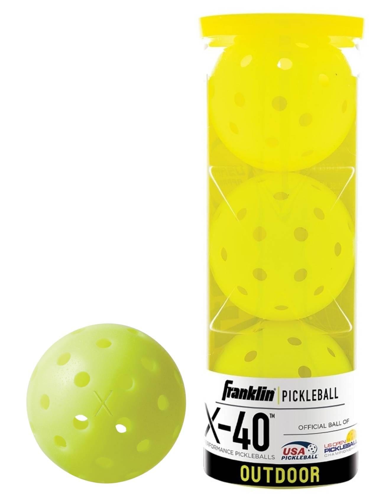 A tube of Franklin Outdoor X-40 Pickleball Balls (3 Ball) - Yellow displays three bright yellow balls, one outside the tube. The packaging features "Official Ball of USA Pickleball," "Outdoor," and US Open Pickleball Championships branding.