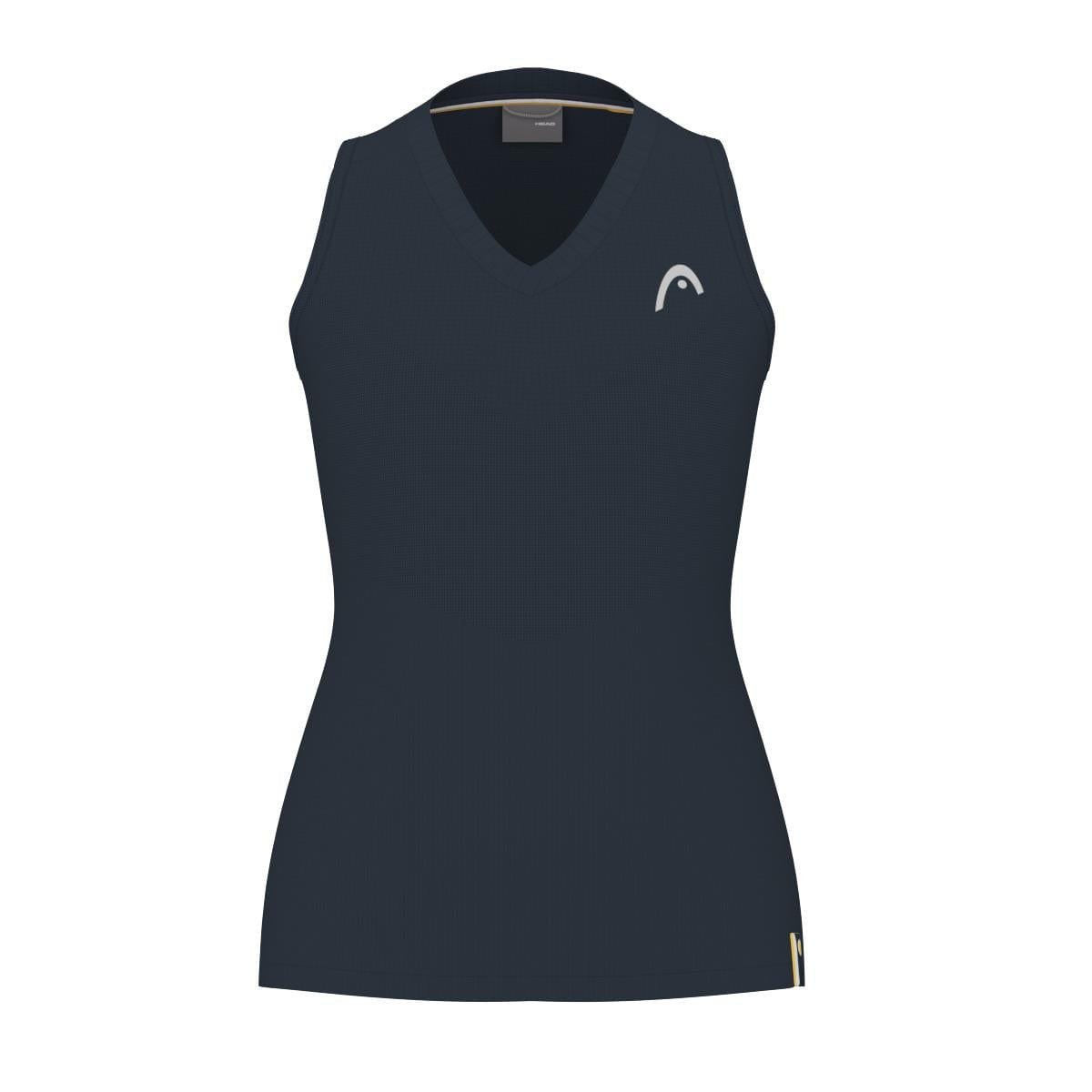 Introducing the HEAD Performance Women's Tennis Tank Top in navy. This sleeveless design features a V-neck and a subtle white logo on the left chest. Made with moisture transfer microfiber, it keeps you cool and comfortable on the court.