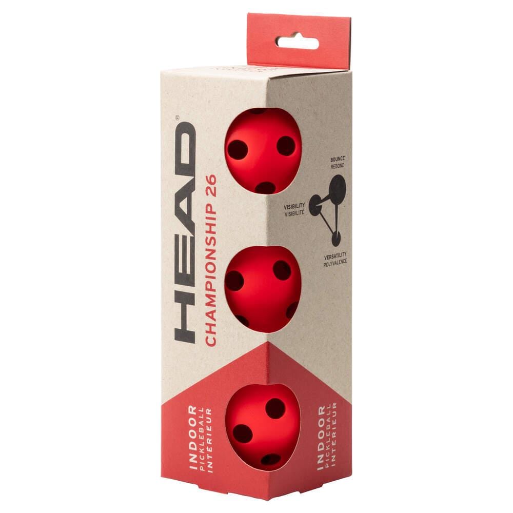 A beige and red HEAD box labeled "Championship 26 Indoor Pickleball Balls" holds 3 red HEAD balls, each USAPA approved, visible through round cutouts. Packaging notes high visibility and consistent bounce.