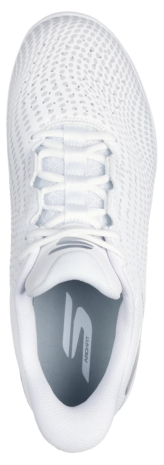 Top view of Skechers Viper Court Reload Slip Ins Relaxed Fit Tennis Shoes in white, featuring a mesh upper, white laces, gray Skechers Arch Fit insole, and durable Goodyear Rubber outsole for comfort.