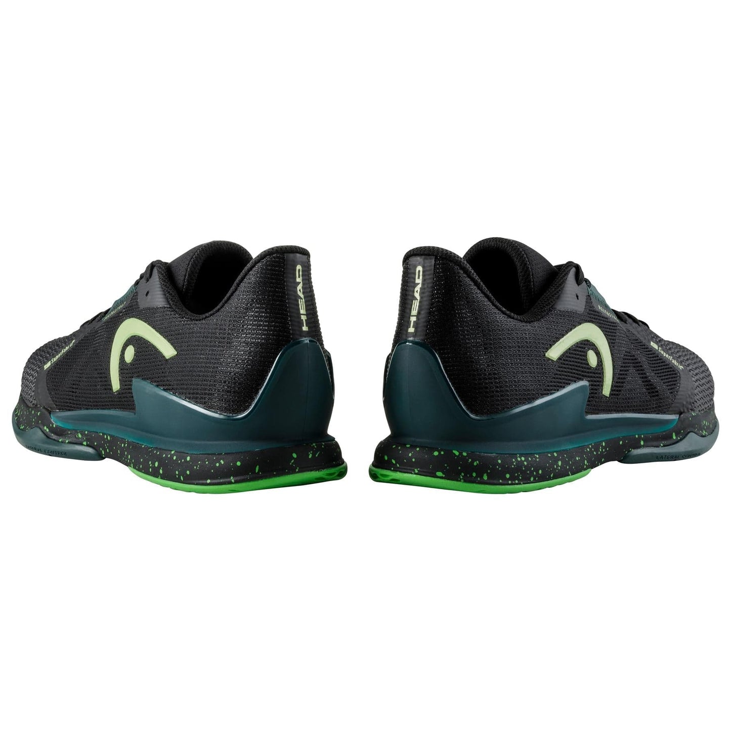 Introducing the HEAD Sprint Pro SF Men's Tennis Shoes in Black with Forest Green accents and speckled soles, featuring a cushioned OrthoLite insole for enhanced comfort. The shoes display the HEAD logo on the sides and are set against a white background.