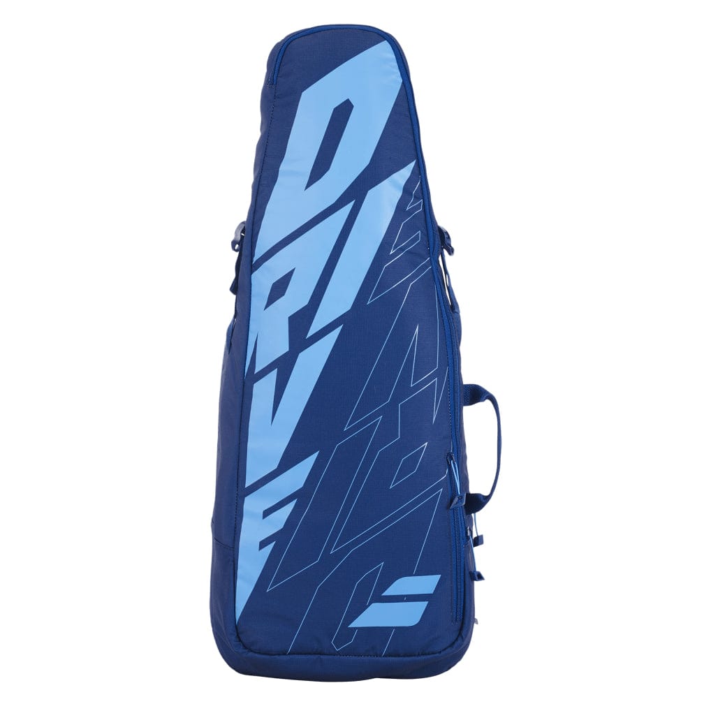 The Babolat Pure Drive Tennis Backpack - Blue, by Babolat, is a stylish blue tennis bag with "DRIVE" printed in a light blue color. It includes zippers and a handle for convenience, and features an isothermal insulated compartment to ensure your tennis essentials are perfectly protected.