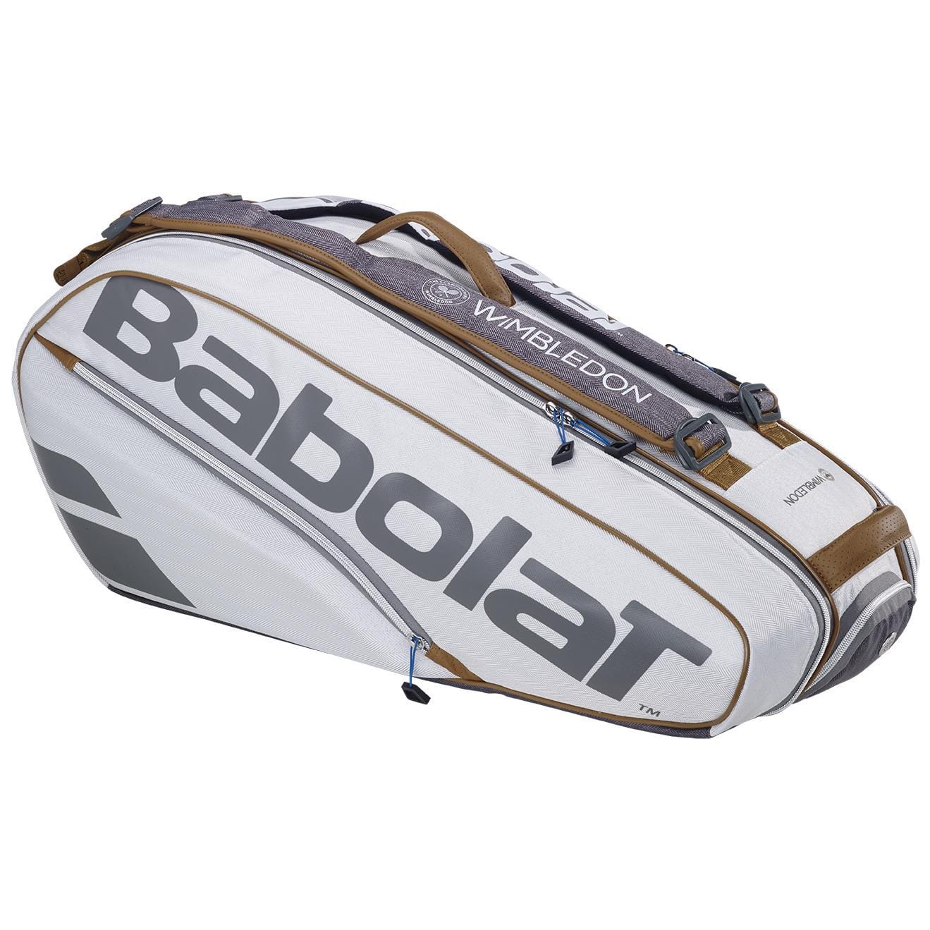 The Babolat RH6 Pure Wimbledon 6 Racket Tennis Bag in grey is designed for tennis enthusiasts, featuring the "Wimbledon" logo on the side. This expertly crafted bag includes multiple compartments, zippers, and brown accents for convenient equipment storage.