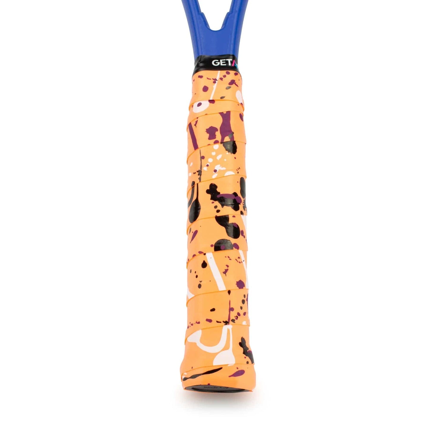 A close-up of the Get A Grip Hot Mess Tennis Overgrip - Orange showcases a vibrant abstract pattern with splashes of orange, purple, black, and white. Made from premium materials, its textured design ensures a secure, non-slip hold. The upper end prominently displays the brand name "Get A Grip.