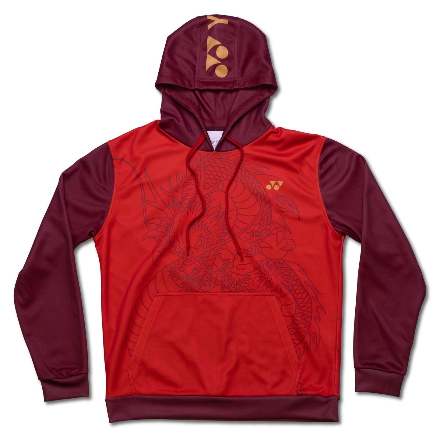 The Yonex CNY2024 Linear Dragon Unisex Tennis Hoodie in red, from Yonex, features a striking dragon graphic across the front. It is designed for comfort with its kangaroo pocket, drawstring hood, and a small geometric logo, making it perfect for celebrating the vibrant spirit of Chinese New Year.