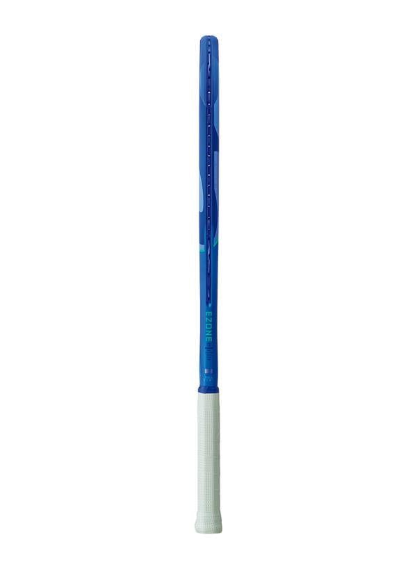 The Yonex EZONE Alpha 2025 Tennis Racket in Blast Blue, featuring an ISOMETRIC design and a white grip, stands upright against the plain white background.