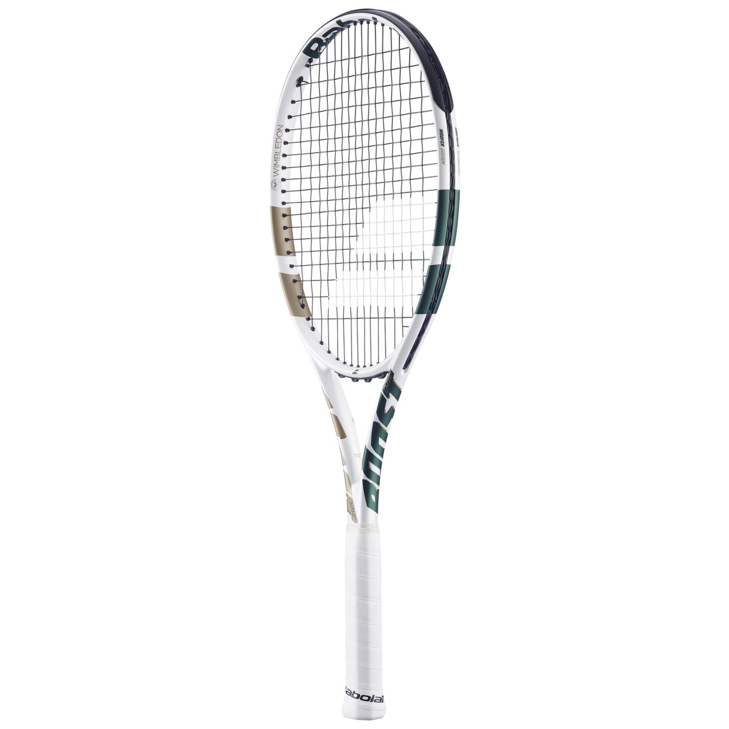The Babolat Boost Wimbledon 2025 Tennis Racket in white and champagne green features black strings, a graphite composite frame, and a white grip, displayed against a plain white background.