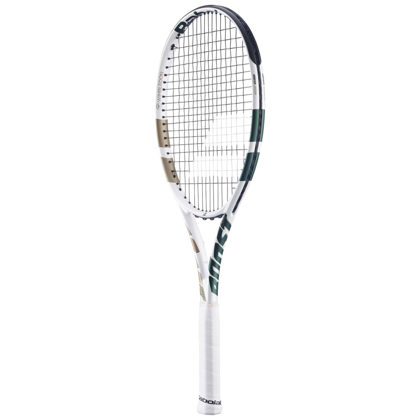 The Babolat Boost Wimbledon 2025 Tennis Racket in white and champagne green features black strings, a graphite composite frame, and a white grip, displayed against a plain white background.