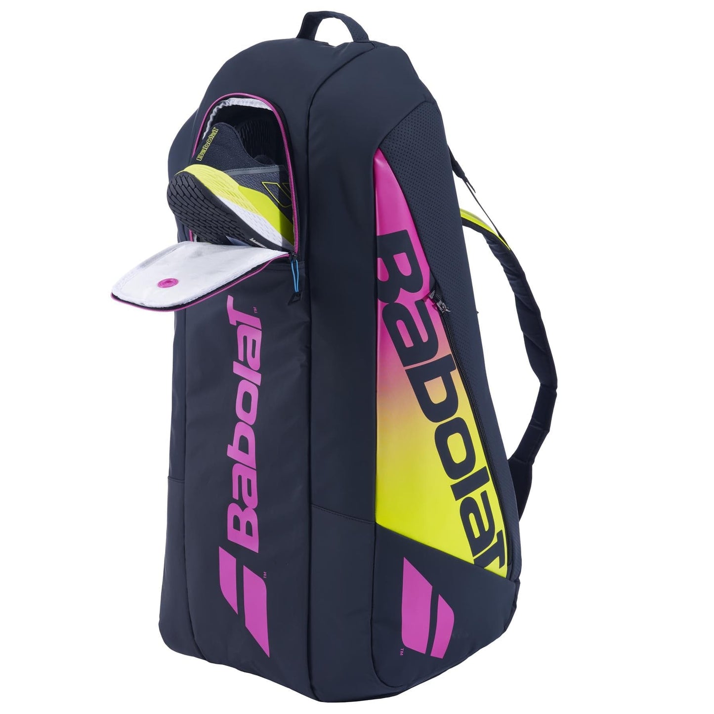 A Babolat RH6 Pure Aero Rafa II Tennis Bag in blue, yellow, and pink stands upright, showcasing its gradient design. Ideal for advanced players, the bag features an open compartment that reveals ample space for tennis rackets and other gear. The brand name "Babolat" is prominently displayed in large letters.