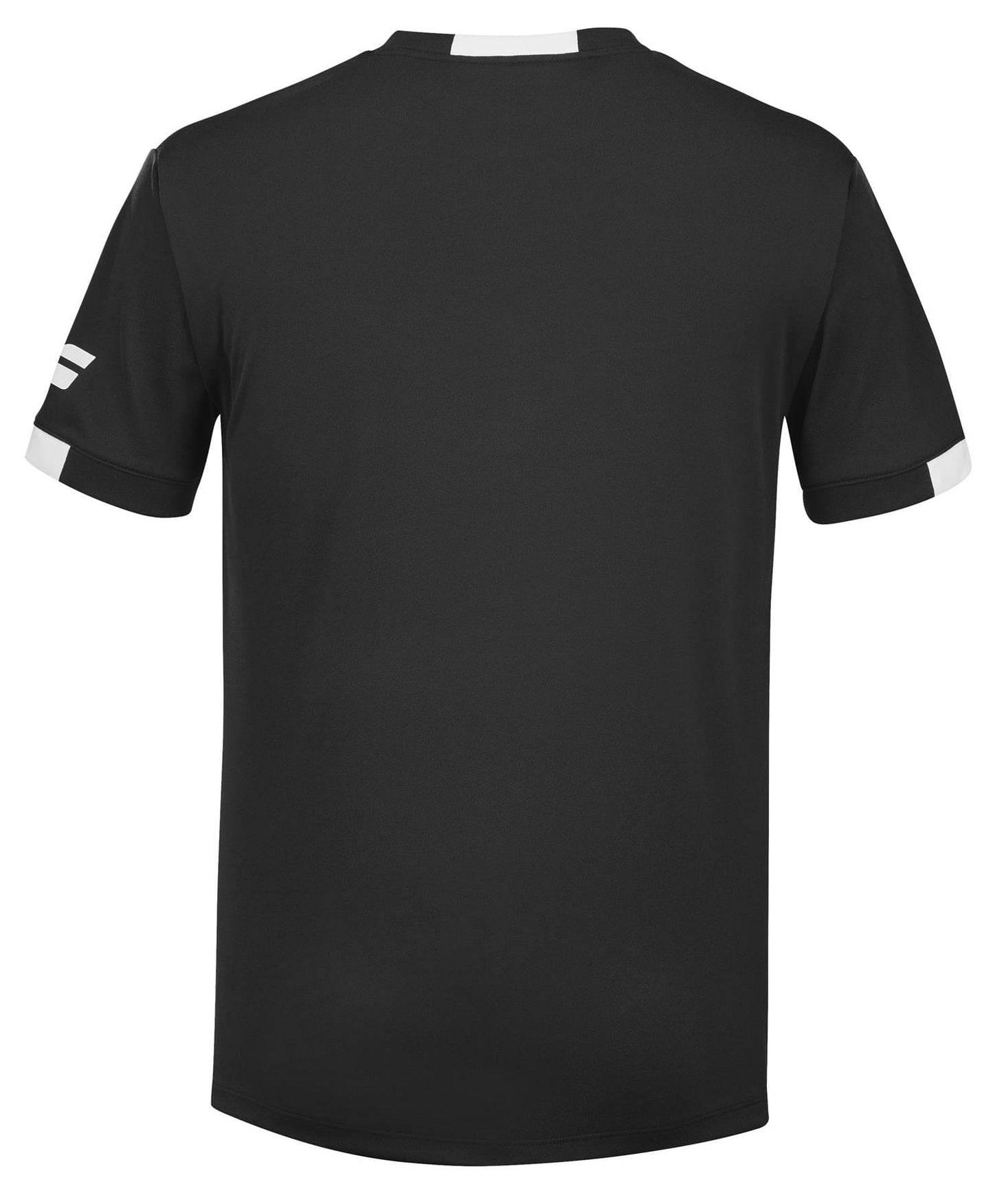 Back view of a Babolat Play Mens Crew Neck Tennis T-Shirt in black, showcasing its short-sleeved design. The shirt features a back neck white stripe and sharp white sleeve cuffs, crafted from Fiber Dry material to enhance comfort during play.