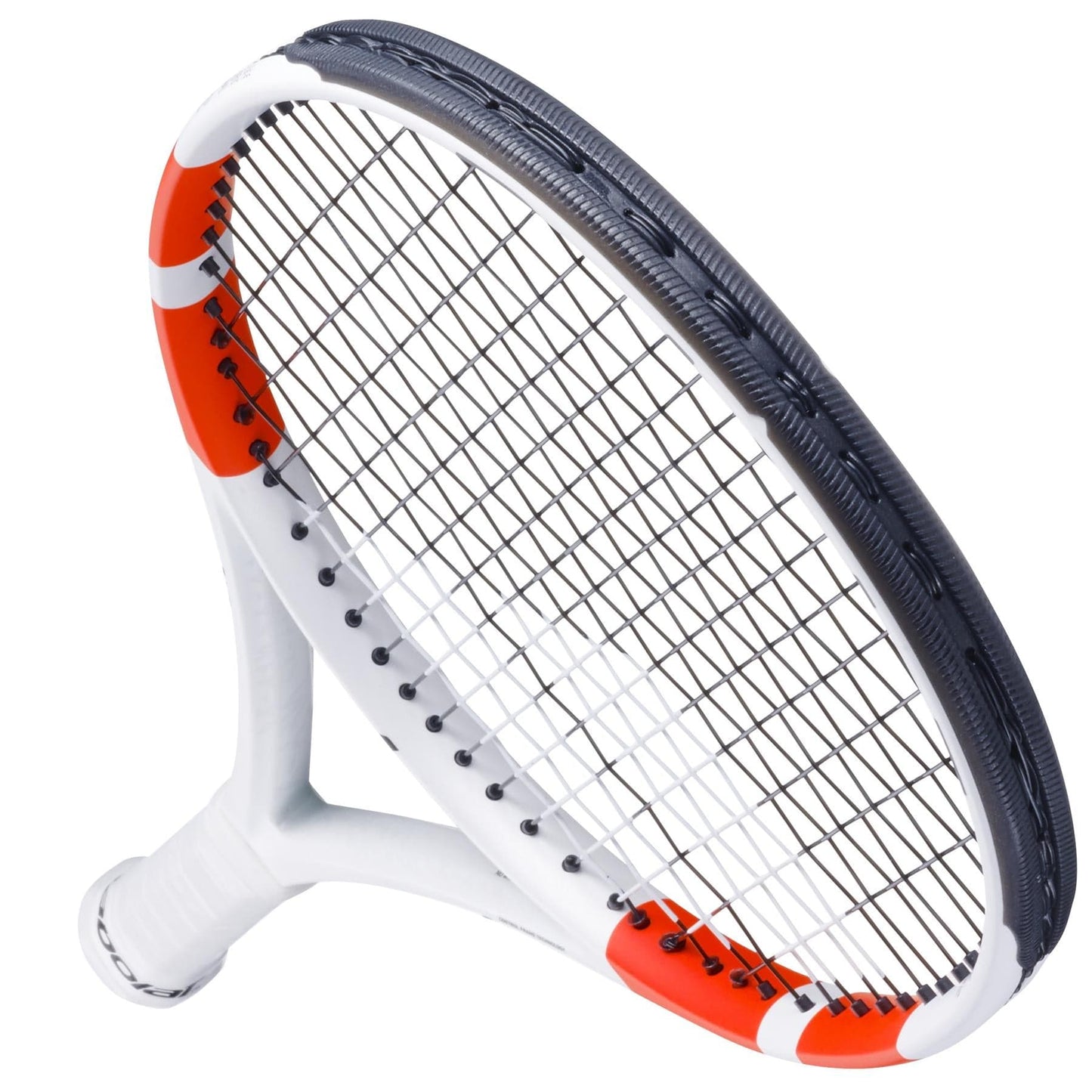 Close-up of the Babolat Pure Strike Junior 26 Gen4 Tennis Racket tilted upwards. This sleek and sporty junior racket showcases black strings on a white frame, accented with red details around the head, while the handle remains predominantly white.