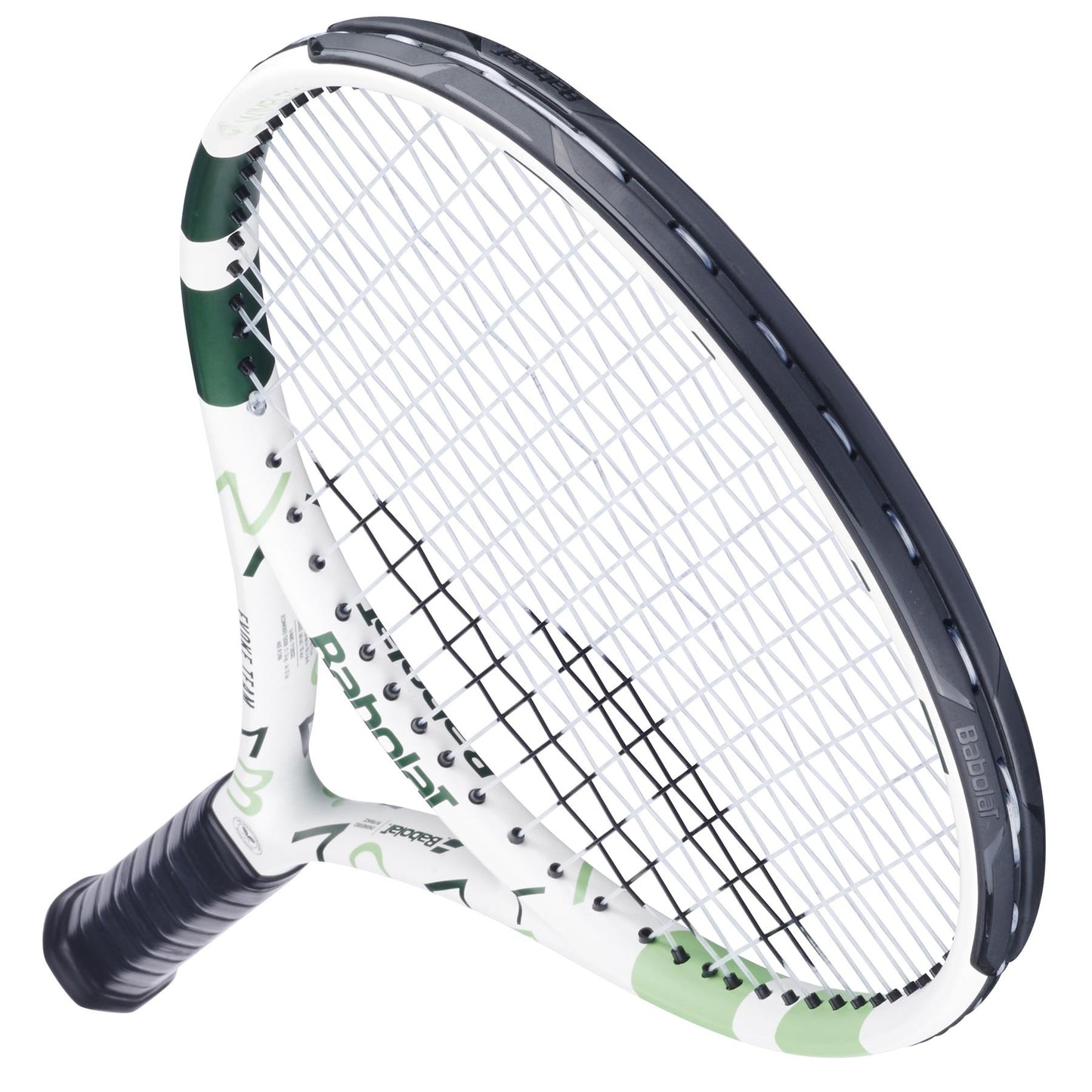 The Babolat Evoke Team Wimbledon 2025 Tennis Racket in White/Champagne Green, featuring a black grip, is photographed on a white background and viewed from an angled overhead perspective.