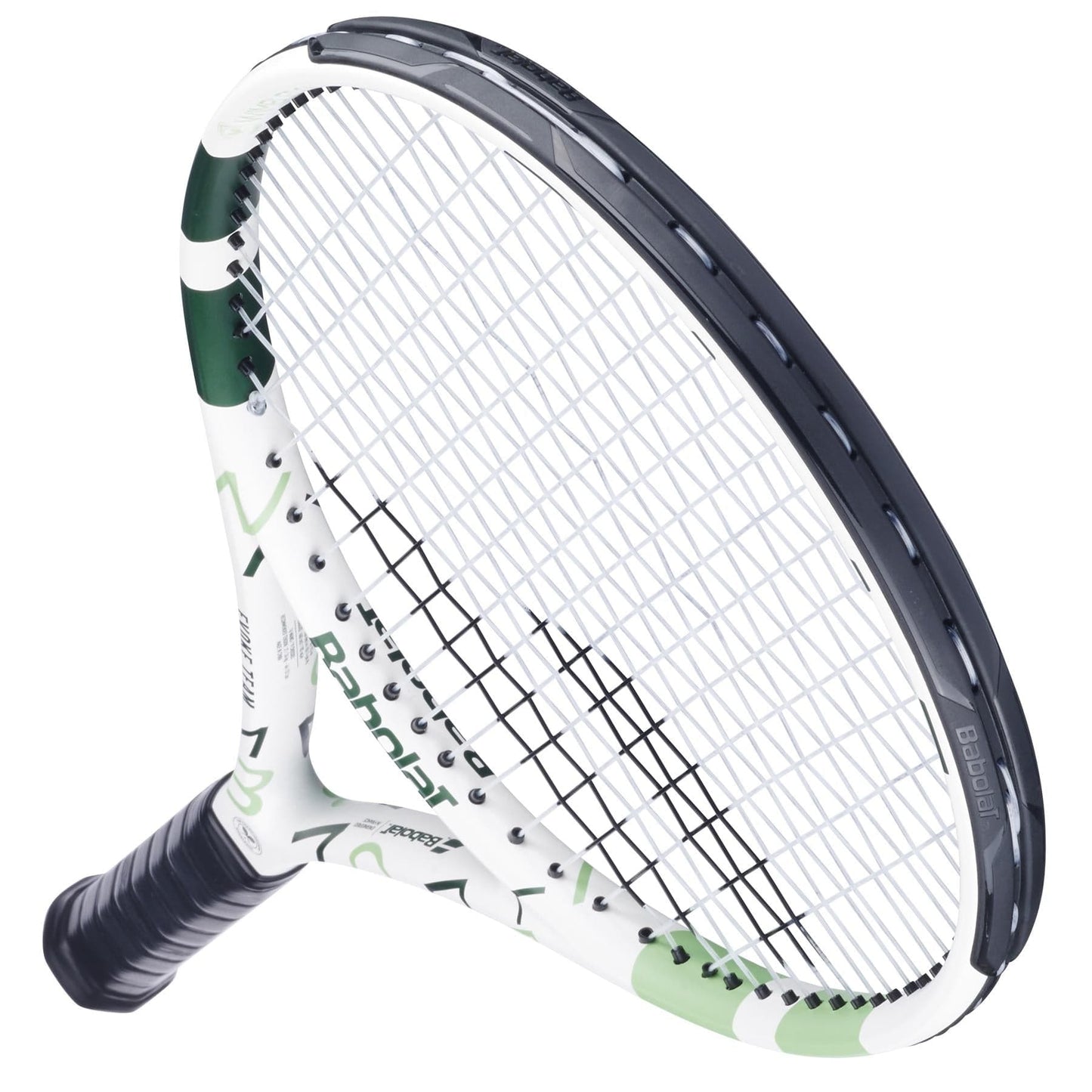The Babolat Evoke Team Wimbledon 2025 Tennis Racket in White/Champagne Green, featuring a black grip, is photographed on a white background and viewed from an angled overhead perspective.