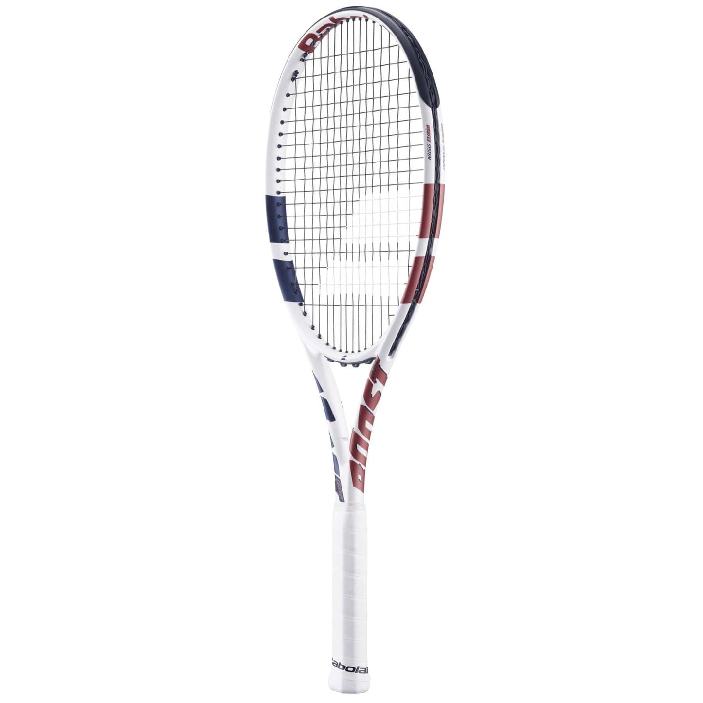 The Babolat Boost Drive Tennis Racket features a lightweight graphite frame in white, accented with blue and red. It includes a white grip tape and tightly strung strings enhanced by the Woofer System for superior play.