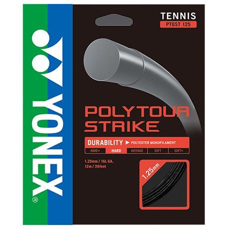The packaging of the Yonex Polytour Strike Tennis String (12m) - Cool Black - 1.25mm prominently features the Yonex brand, highlighting a black monofilament string known for its hard and durable design. This 1.25mm gauge polyester string promises superior control, with specifications clearly displayed on the front.