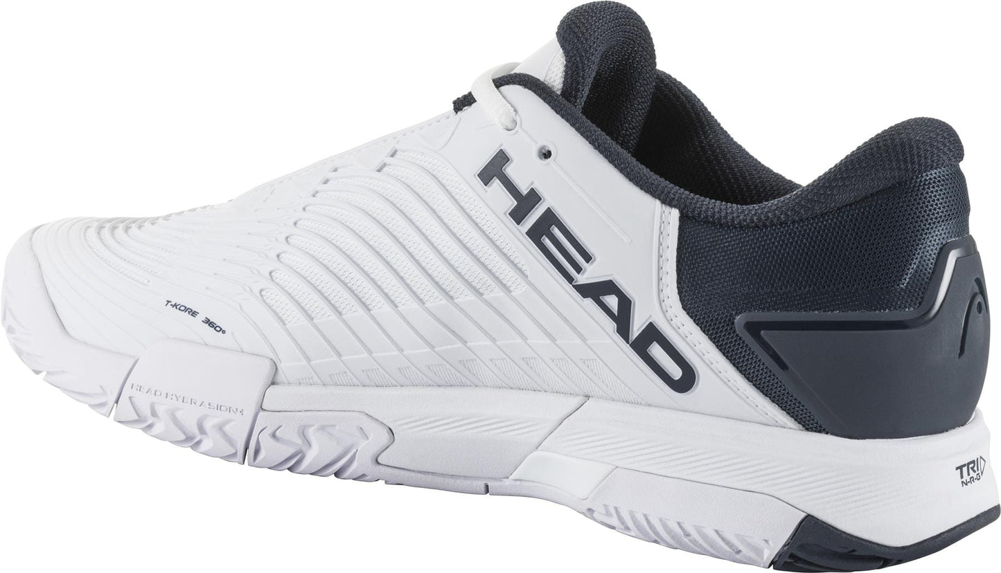 The HEAD Revolt Pro 4.5 Men's Tennis Shoes, available in an eye-catching white and blueberry color scheme, feature a textured design with the "HEAD" logo prominently displayed on the side. They boast a molded sole and supportive heel section, along with a Lockdown Strap for an enhanced fit, making them ideal for athletic activities.