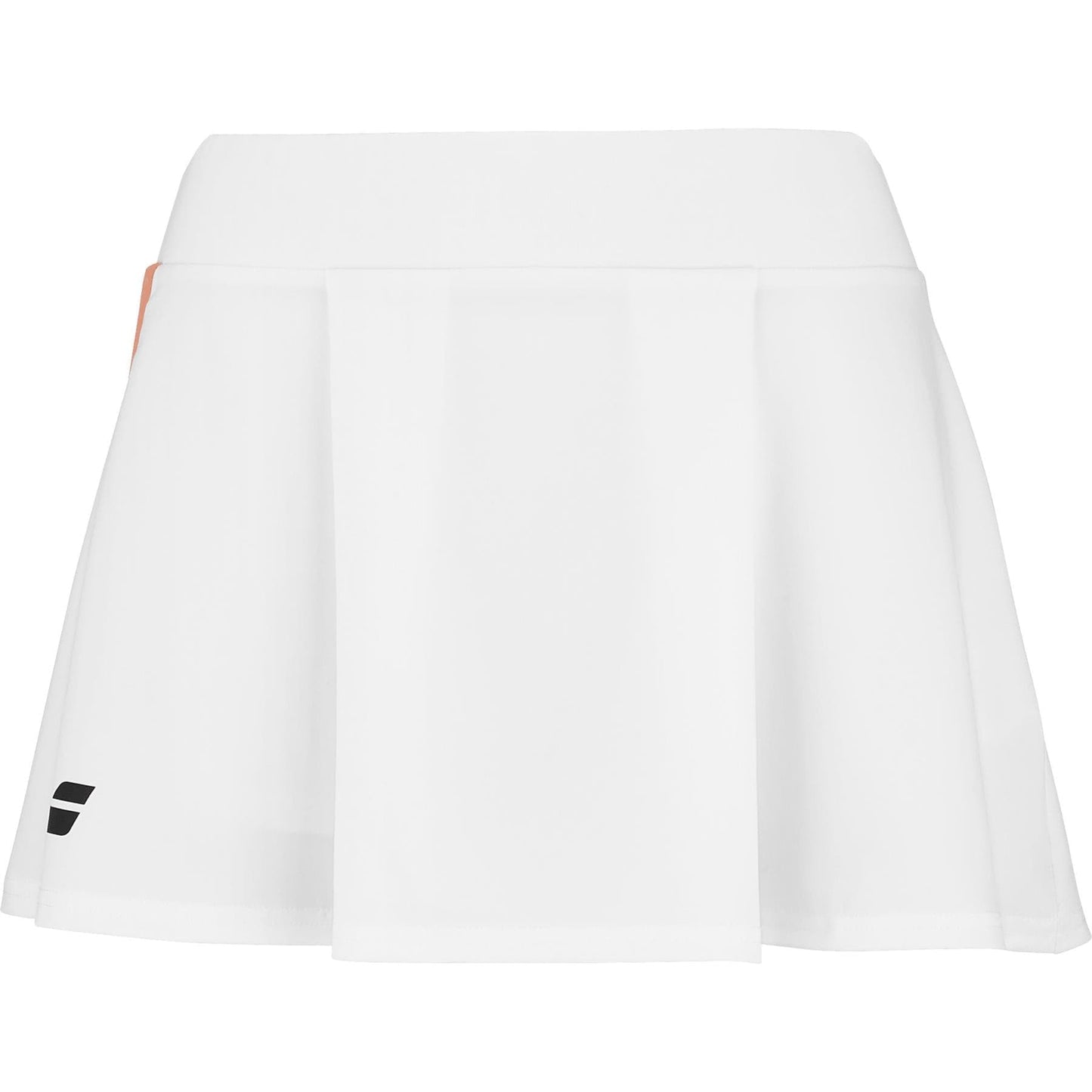 The Babolat Play Women's Tennis Skirt in White/Orange offers stylish functionality with its wide waistband and pleats made from recycled polyester, accented with black and orange on the lower left hem.